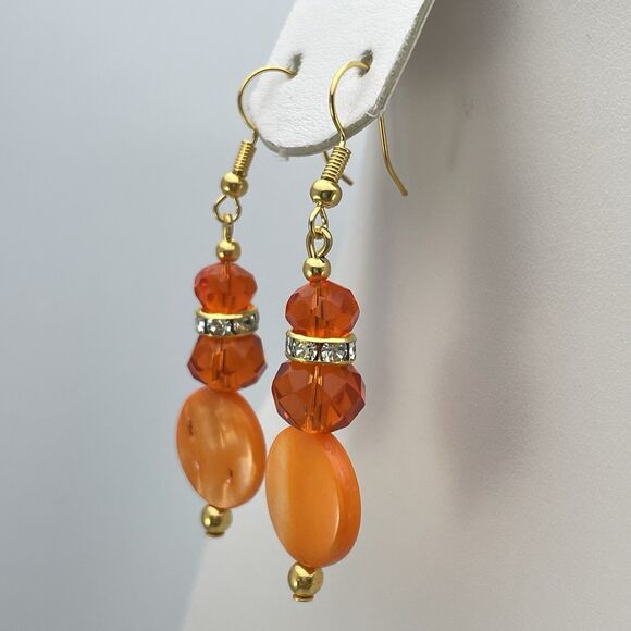 Orange Mother Of Pearl Disc Glass Beaded Gold Tone Earrings Dangle Rhinestones - Picture 3 of 6
